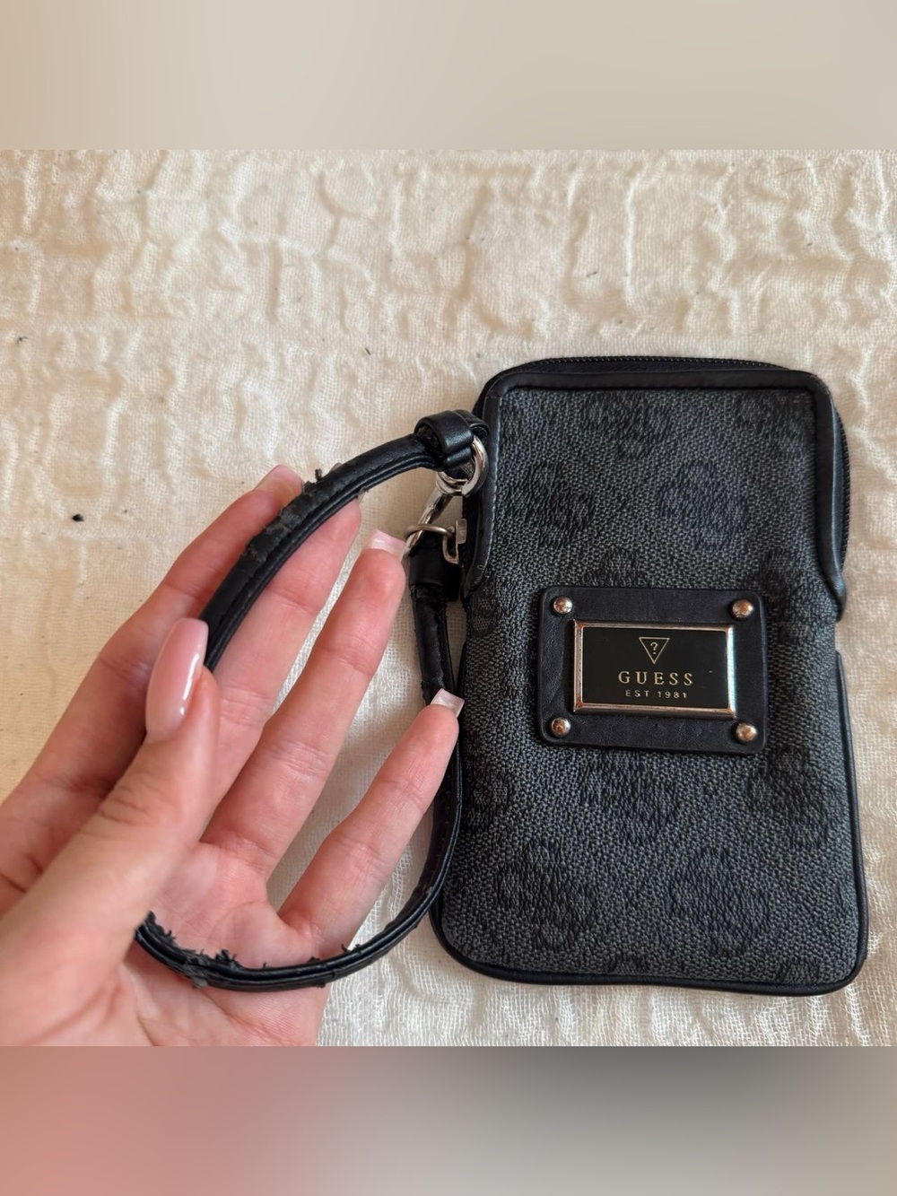 Guess Black Textured Wristlet Phone Pouch with Logo Plaque